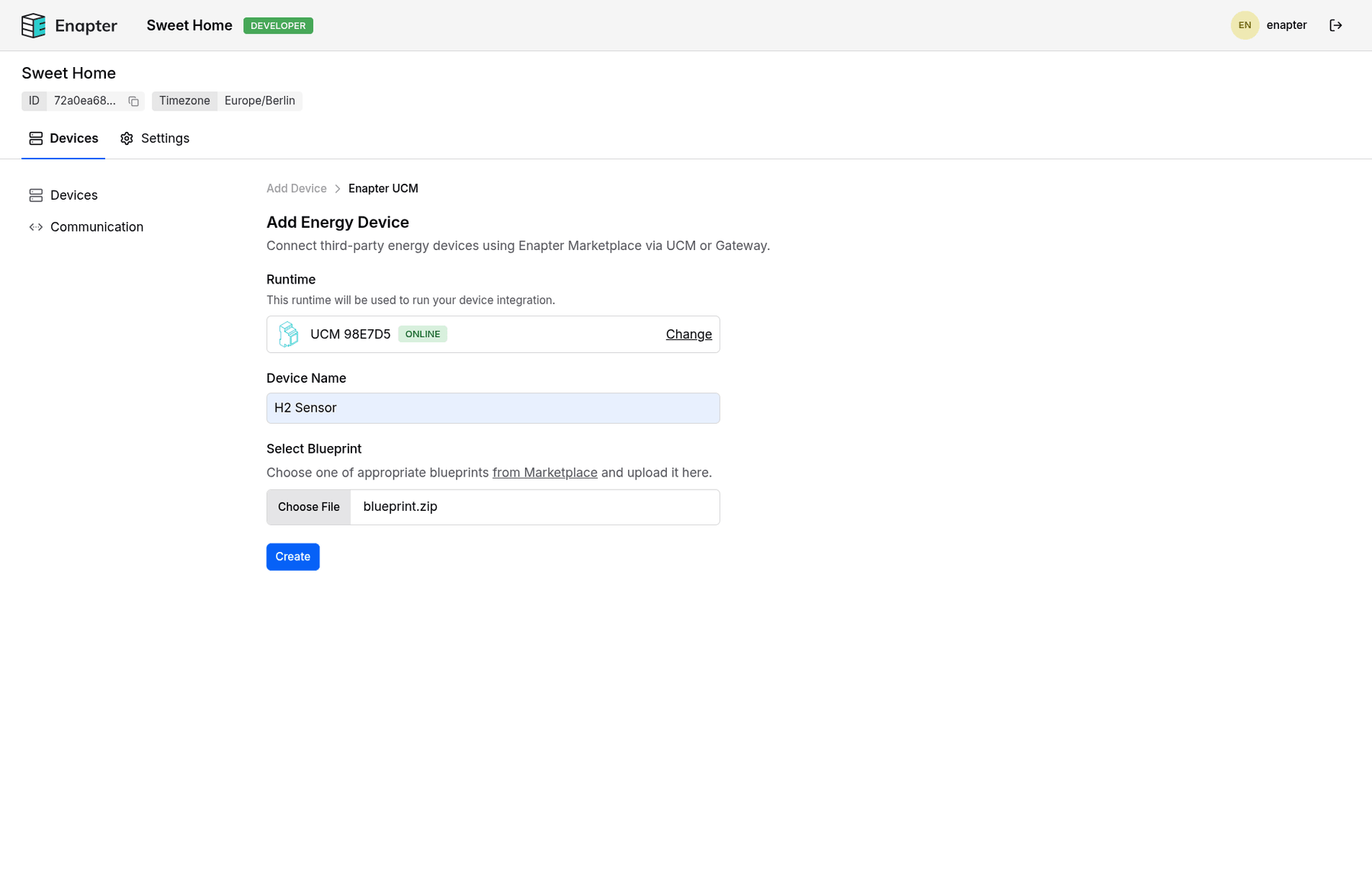 Enter device name and choose blueprint zip file